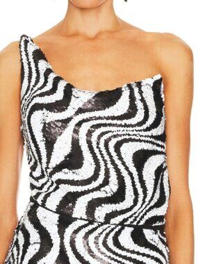 SIMON MILLER Zebra Sequined One Shoulder Turvy Top